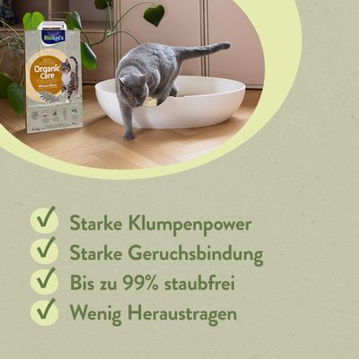 Biokat's Organic Care Wheat fibers Katzenstreu, Katze in Katzentoilette. Starke Klumpenpower, starke Geruchsbindung, bis zu 99% staubfrei, wenig Heraustragen.