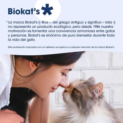 Biokat’s: Aviso de que el nombre no indica un producto ecológico. Desde 1986, centrados en la convivencia armoniosa entre gatos y personas, sinónimo de bienestar.