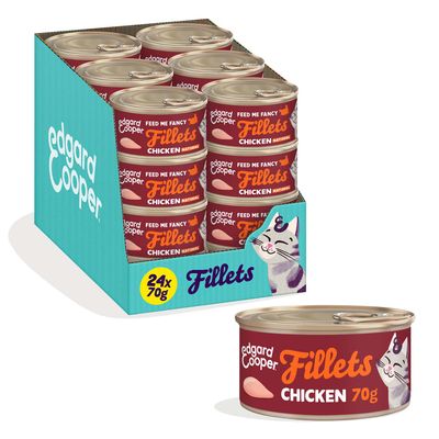 edgard Cooper Fillets Chicken 70g, natuurlijke kipfilets. Verpakking met 24 blikjes à 70g, afbeelding van een kat op het blik.