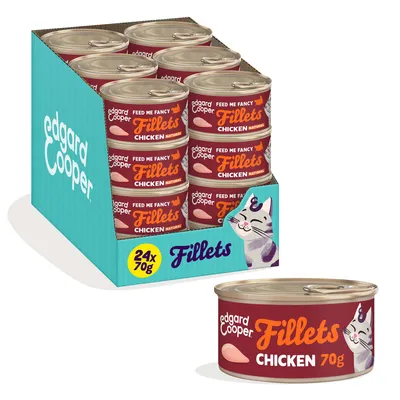 edgard Cooper Fillets Chicken 70g, natuurlijke kipfilets. Verpakking met 24 blikjes à 70g, afbeelding van een kat op het blik.