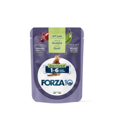 FORZA10 Soft Paté, reich an Ente, für sterilisierte Katzen 1-6 Jahre. Urinary Longevity Complex mit Cranberry, Weight Control Complex mit Grüntee. Made in Italy.