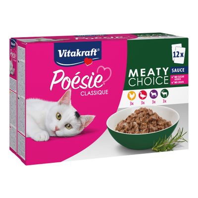 Vitakraft Poésie Classique, Classic Choice Sauce, 12 porties. Zonder toegevoegde suikers, zonder granen. Soorten: kip, rund, lam, vis. MSC-gecertificeerd.