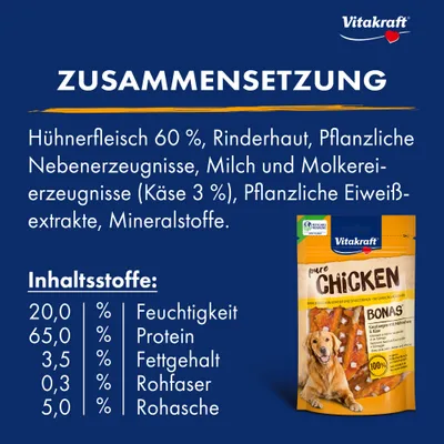 Összetétel: csirkehús 60 %, marhabőr, növényi melléktermékek, tej és tejtermékek (sajt 3 %), növényi fehérje kivonatok, ásványi anyagok. Analitikai összetevők: nedvesség 20 %, fehérje 65 %, zsírtartalom 3,5 %, nyersrost 0,3 %, nyershamu 5 %. Vitakraft pure Chicken Bonas csomagolás látható.