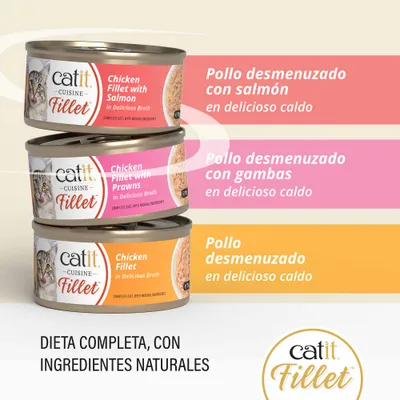 catit Cuisine Filete de pollo con salmón, pollo con gambas y pollo en caldo. Dieta completa con ingredientes naturales.