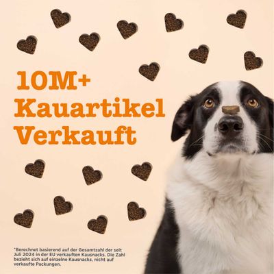 10M+ Kauartikel verkauft. Basierend auf der Gesamtzahl seit Juli 2024 in der EU verkaufter Kausnacks, bezieht sich auf einzelne Snacks, nicht auf Packungen.