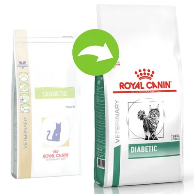 Dva pakiranja Royal Canin Veterinary Diabetic hrane za mačke, staro i novo dizajnirano pakiranje s natpisom DIABETIC i slikom mačke, zelena strelica označava promjenu ambalaže.