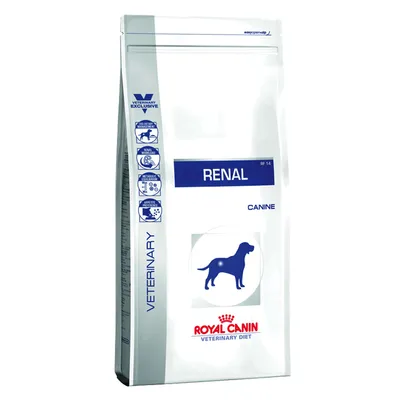 Royal Canin Veterinary Diet Renal Canine suha hrana za pse. Pakiranje sa simbolima za posebnu dijetetsku podršku i njegu bubrega.