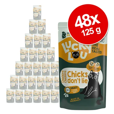 Lucky Lou Chicks don't lie, 48x125g. Spannmålsfri, utan tillsatt socker, 94 % köttandel med inälvor och kokvätska. Tillverkad i Tyskland.