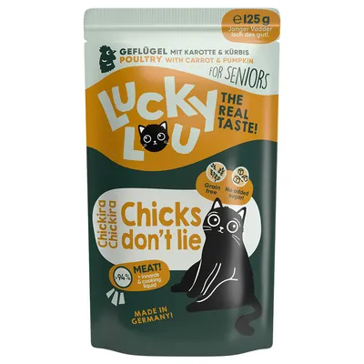 Lucky Lou poultry with carrot & pumpkin for seniors, 125g. Grain free, no added sugar, 94% meat content incl. offal and cooking liquid. Made in Germany.