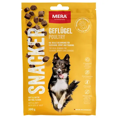 MERA Snacker pasăre, 200g. Recompensă pentru dresaj, sport și antrenament. 75% proteină animală, fără adaos de zahăr, fără cereale, produs în Germania.