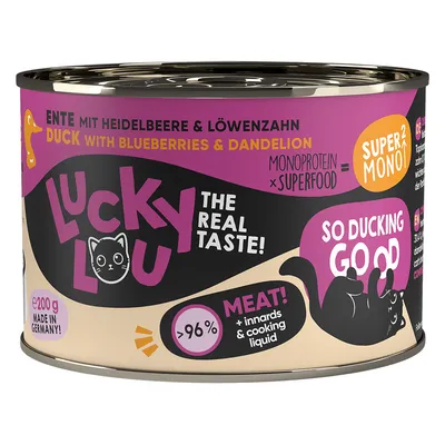 Lucky Lou The Real Taste! ankka mustikalla ja voikukalla, >96 % lihaa, 200 g. Made in Germany. Tekstit englanniksi ja saksaksi näkyvissä purkin etiketissä.