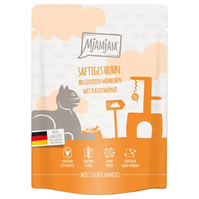 Mjamjam Pollo jugoso con zanahorias y hierba gatera. Alta calidad de fabricación alemana. Extra alto contenido de carne, cereales enteros, monoproteína, contiene suficiente taurina.
