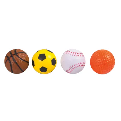 Vier Spielbälle in verschiedenen Designs: Basketball, Fussball, Baseball und orangefarbener Golfball.