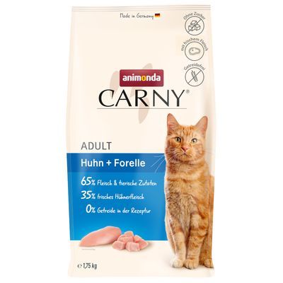 animonda Carny Adult Huhn + Forelle kattenvoer, 65% vlees & dierlijke ingrediënten, 35% vers kippenvlees, 0% granen in receptuur, 1,75 kg verpakking zichtbaar.