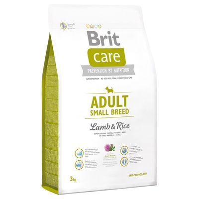 Brit Care Adult Small Breed Lamb & Rice, 3 kg. Fără soia, vită, porc, grâu, porumb, OMG. Formulă hipoalergenică pentru câini adulți de talie mică (≤10 kg).