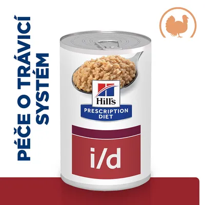 Konzerva Hill's Prescription Diet i/d, nápis 'Péče o trávicí systém', obrázok morky. Viditeľná kašovitá zmes na lyžici.