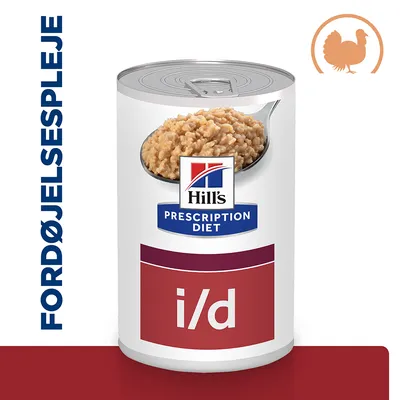 Hill's Prescription Diet i/d dåse med vådfoder, tekst 'FORDØJELSESPLEJE' og kalkunikon synligt på billedet.