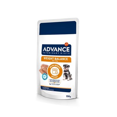 Advance Veterinary Diets Weight Balance MINI <10 kg, avec poulet, sachet 150 g. Texte visible : Helps reduce weight, aide à réduire le poids, clinically proven.