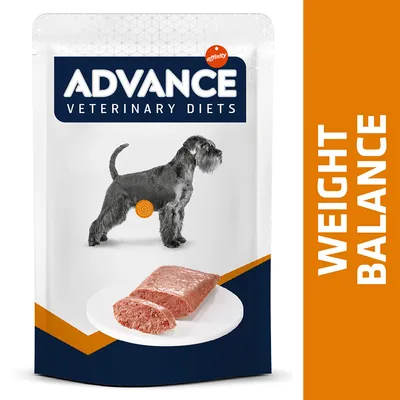 Advance Veterinary Diets pasja hrana, na embalaži slika psa in rezine hrane na krožniku. Vidno besedilo: Weight Balance, affinity.