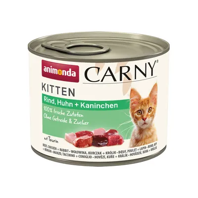 Animonda Carny Kitten vådfoder, oksekød, kylling og kanin. 100% friske ingredienser, uden korn og sukker, med taurin.