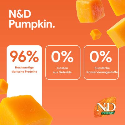 N&D Pumpkin: 96% hochwertige tierische Proteine, 0% Zutaten aus Getreide, 0% künstliche Konservierungsstoffe.