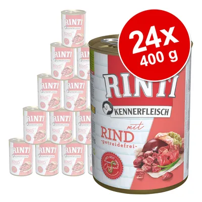 RINTI Kennerfleisch med Rind, getreidefrei. Pakke med 24 dåser à 400 g. Billede viser dåsernes forside med kødillustration og tydelig produkttekst.
