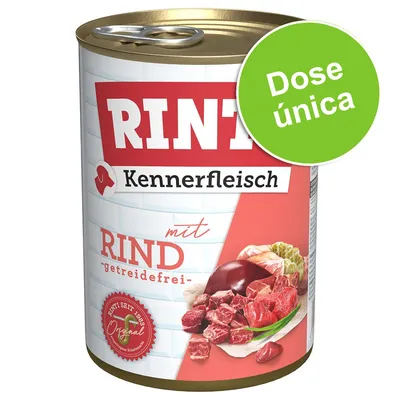 Lata de comida para cão Rinti Kennerfleisch mit Rind, getreidefrei. Selo: Rinti seit 1983 Original. Texto em destaque: Dose única.