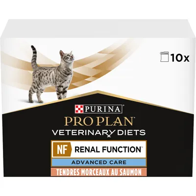 Boîte Purina Pro Plan Veterinary Diets NF Renal Function Advanced Care, tendres morceaux au saumon, 10 sachets visibles sur l’emballage avec un chat illustré.