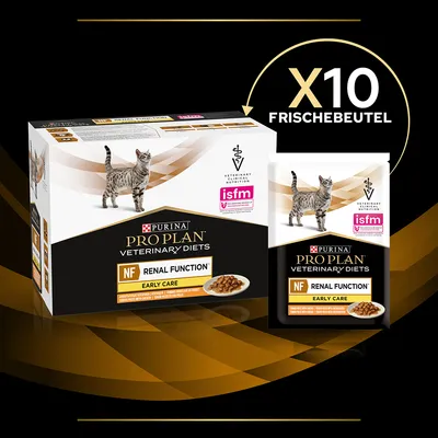Purina Pro Plan Veterinary Diets NF Renal Function Early Care. Verpackung mit 10 Frischebeuteln, ISFM-zertifiziert für Katzen mit Nierenproblemen.