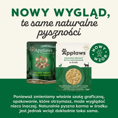 Nowy wygląd opakowania Applaws Chicken Breast with Asparagus 70 g. Informacja: zmiana szaty graficznej, zawartość produktu pozostaje bez zmian.