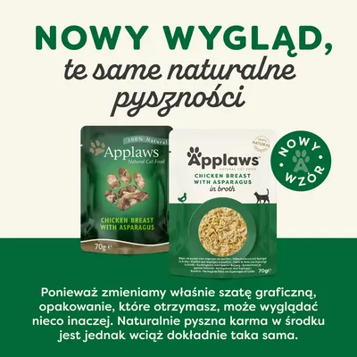 Nowy wygląd opakowania Applaws Chicken Breast with Asparagus 70 g. Informacja: zmiana szaty graficznej, zawartość produktu pozostaje bez zmian.