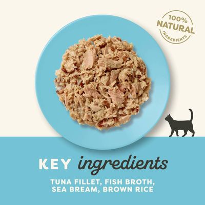 Applaws Tuna Fillet with Prawn in Broth macskatáplálék, 24×70 g tasakos kiszerelés, csomagoláson angol feliratok és macska sziluett látható.