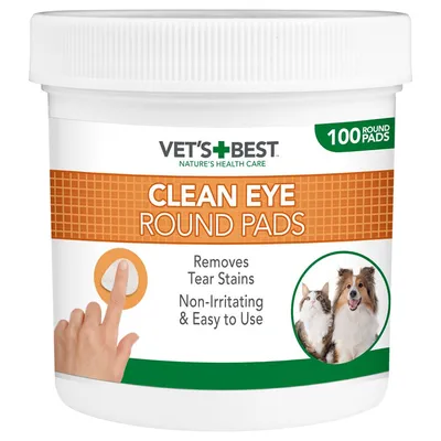 Vet's Best Clean Eye Round Pads, 100 stk. Tekst: Removes Tear Stains, Non-Irritating & Easy to Use. Billede af kat og hund på emballagen.
