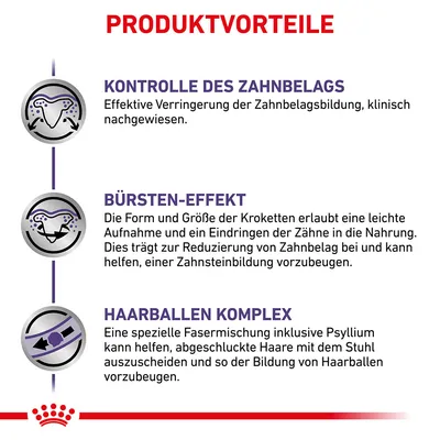 Texte en allemand : PRODUKTVORTEILE, KONTROLLE DES ZAHNBELAGS, BÜRSTEN-EFFEKT, HAARBALLEN KOMPLEX avec descriptions des avantages du produit pour dents et boules de poils.