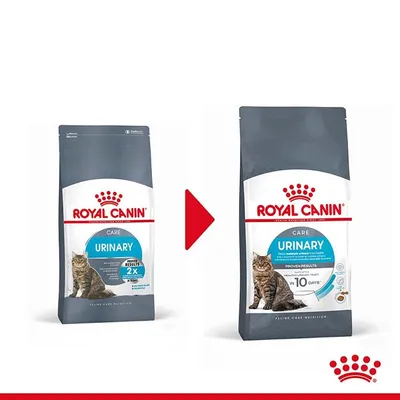 Две опаковки Royal Canin Care Urinary за котки, показващи промяна в дизайна на пакета. Видими са текстове: 'PROVEN RESULTS', 'IN 10 DAYS', изображение на котка. Две опаковки Royal Canin Care Urinary за котки, показващи промяна в дизайна на пакета. Видими са текстове: 'PROVEN RESULTS', 'IN 10 DAYS', изображение на котка.