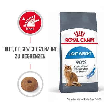 Royal Canin Light Weight hrana za mačke. Pomaga omejiti pridobivanje teže. 90 % mačk je doseglo bolj zdravo težo v 8 tednih. Po interni študiji Royal Canin.