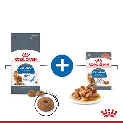 Суха и пауч храна за котки Royal Canin Light Weight Care, видими гранули и парчета в сос. Видим текст: 90% доказани резултати, 85 г.