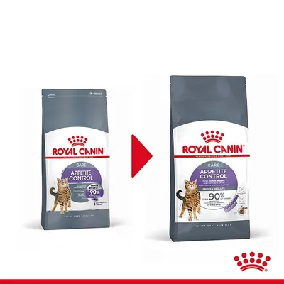 Два пакета Royal Canin Appetite Control за котки, стар и нов дизайн на опаковката с надпис 'PROVEN RESULTS 90%'. Червена стрелка показва промяната между тях.