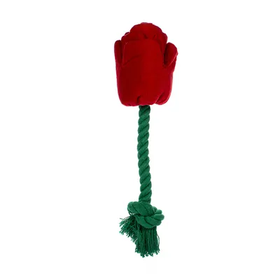 Speelgoed in de vorm van een rode stoffen roos met groen touw en knoop aan het uiteinde.