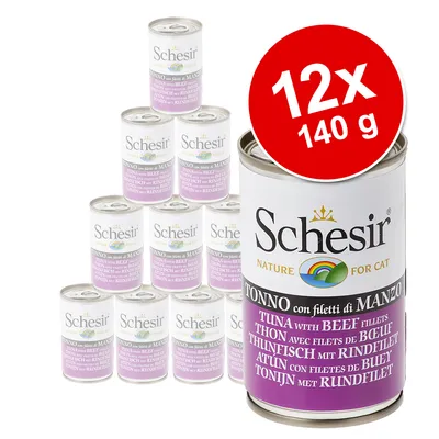 Schesir Nature for Cat, tuna s goveđim fileima, 12x140 g konzervi. Vidljiv tekst na limenci: TUNA WITH BEEF FILLETS, THUNFISCH MIT RINDFILET.