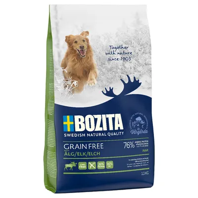 Bozita Swedish Natural Quality hondenvoer, graanvrij met eland, 76% dierlijk eiwit, 26% proteïne, 16% vet, GMO free, Adult, 1,1 kg. Tekst: Together with nature since 1903.