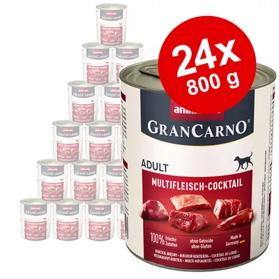 animonda GranCarno Adult Multifleisch-Cocktail, 24 x 800g cans. Label shows images of meat cuts, '100% frische Zutaten', 'ohne Getreide ohne Gluten', 'Made in Germany'.