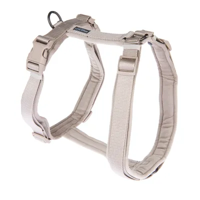 Beige Hundegeschirr mit gepolsterten Gurten, verstellbaren Schnallen und Metallring für Leinenbefestigung.