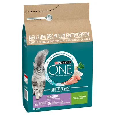 Sac de croquettes pour chat Purina ONE Bifensis Sensitive, 2,8 kg, mention « Reich an Truthahn als Zutat Nr. 1 », texte en allemand, image d’un chat et ingrédients visibles.