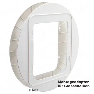 Biały montażowy adapter do szyb, napis: Montageadapter für Glasscheiben. Produkt z tworzywa sztucznego, kształt owalny z prostokątnym otworem pośrodku. Biały montażowy adapter do szyb, napis: Montageadapter für Glasscheiben. Produkt z tworzywa sztucznego, kształt owalny z prostokątnym otworem pośrodku.