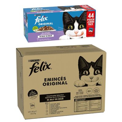 Felix 120 x 85 g comida húmida + Felix 44 x 85 g saquetas grátis! Original - Mix (salmão, atum, vaca, frango) + 44 x 85 g saquetas