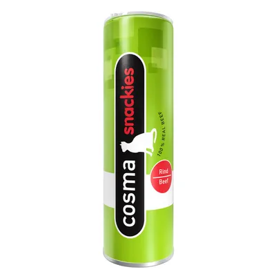 cosma snackies 100% real beef, Rind Beef, groene verpakking met katpictogram zichtbaar