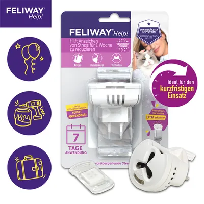 Feliway Help! Reducerer tegn på stress som kradsning, urinmarkering og skjul på 1 uge. Ideel til kortvarig brug. Indeholder stik og feromonpatron, klar til brug.