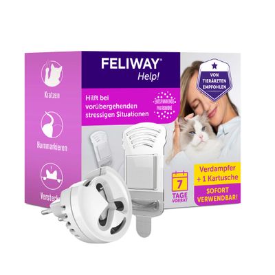 FELIWAY Help! stekker met feromoon-cartridge, helpt stress bij katten 7 dagen te verminderen. Tekst: Sofort anwendbar, Extra erhalten, Kratzen, Harnmarkieren, Verstecken.