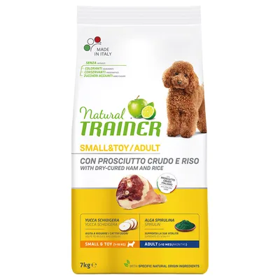 Natural Trainer SMALL&TOY/ADULT hundefoder med prosciutto crudo og ris, 7 kg. Made in Italy. Indeholder yucca schidigera og alga spirulina. Uden farvestoffer, konserveringsmidler, tilsat sukker.